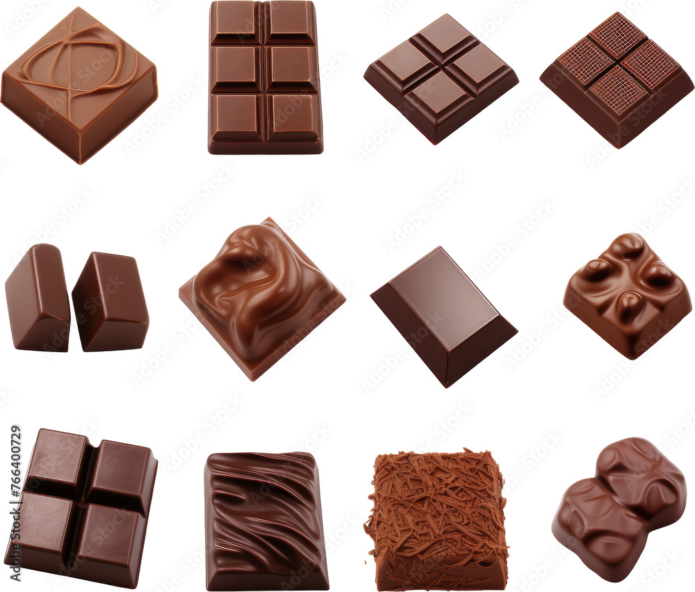 set of chocolate pieces,chocolate praline isolated on white or transparent background,transparency 
