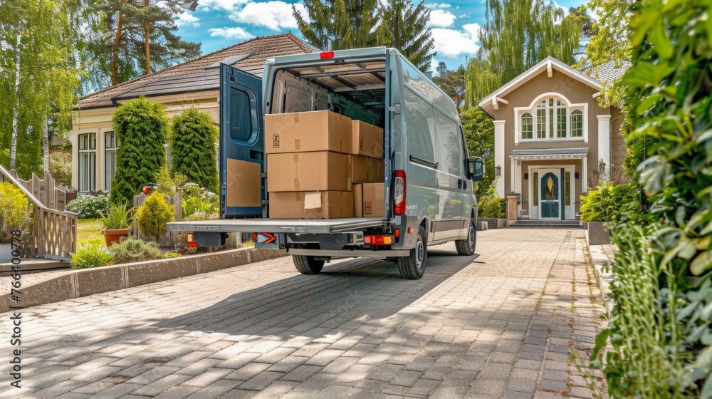 Moving Van On Street With Ramp, Boxes And Household Furnishings Moving Van On Street With Ramp, Boxes And Household Furnishings