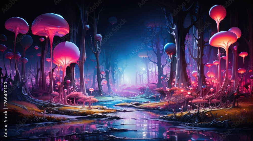 Captivating Neon Abstract Dreamscape with Enchanted Glowing Mushroom Forest and Tranquil Reflecting Pond