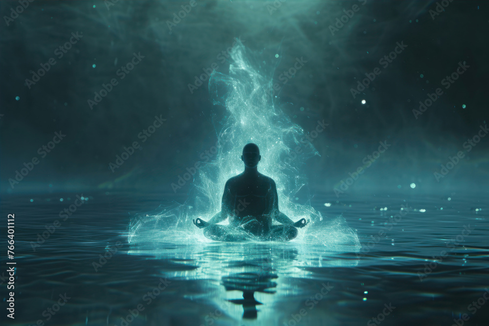 Obraz premium Man meditating in lotus pose on dark background with smoke and fog