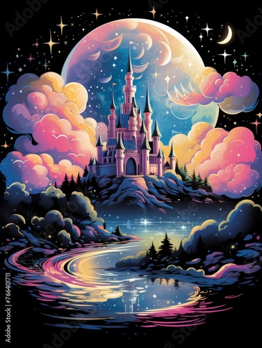 A colorful painting of a castle and a moon with a castle in the background. The castle is surrounded by trees and a river. The painting has a dreamy and whimsical mood. Printable design for t-shirts