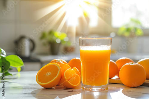Glass of fresh orange juice and fruits on table in kitchen, closeup