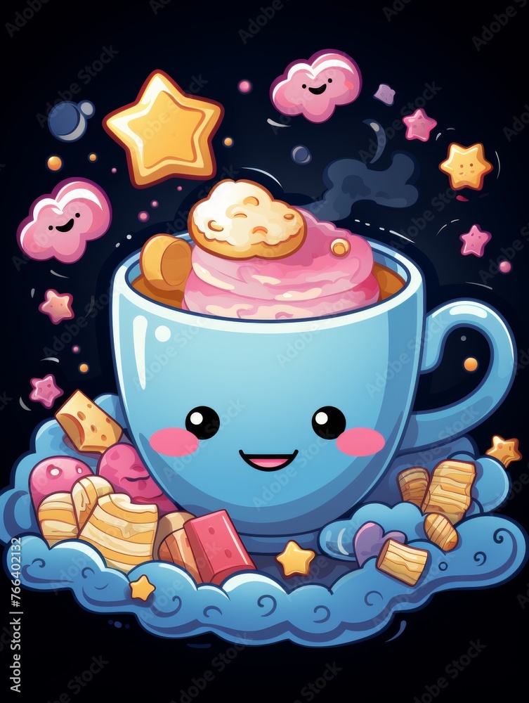 A cartoon cup with a smiling face and a pink frosting on top. The cup is surrounded by various candies and cookies, giving it a fun and playful vibe. Printable design for t-shirts A cartoon cup with a smiling face and a pink frosting on top. The cup is surrounded by various candies and cookies, giving it a fun and playful vibe. Printable design for t-shirts