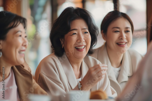 smiling happiness three senior women are sitting at a table, smiling and laughing. They are enjoying each other's company and having a good time