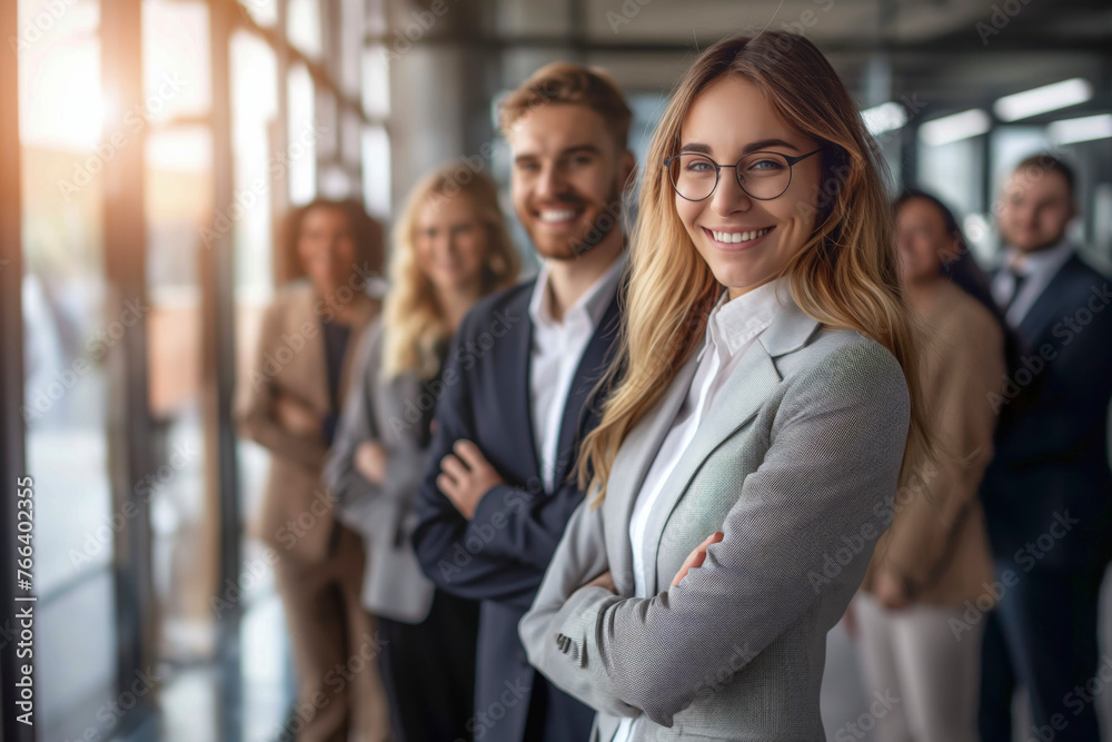A business group of people are standing together in a room, with one woman wearing glasses and a suit. Scene is professional and friendly, as everyone is smiling and posing for a photo A business group of people are standing together in a room, with one woman wearing glasses and a suit. Scene is professional and friendly, as everyone is smiling and posing for a photo