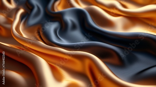 Black dark brown orange gold abstract luxury background. Silk satin fabric. Gradient ombre color. Curtain drapery fold line. Chocolate shade. Shiny glow glitter light. Design. Wide banner. Panoramic.