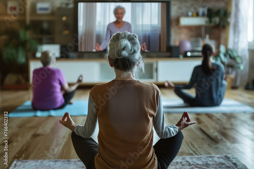 A group of elderly people at yoga classes via video conference photo