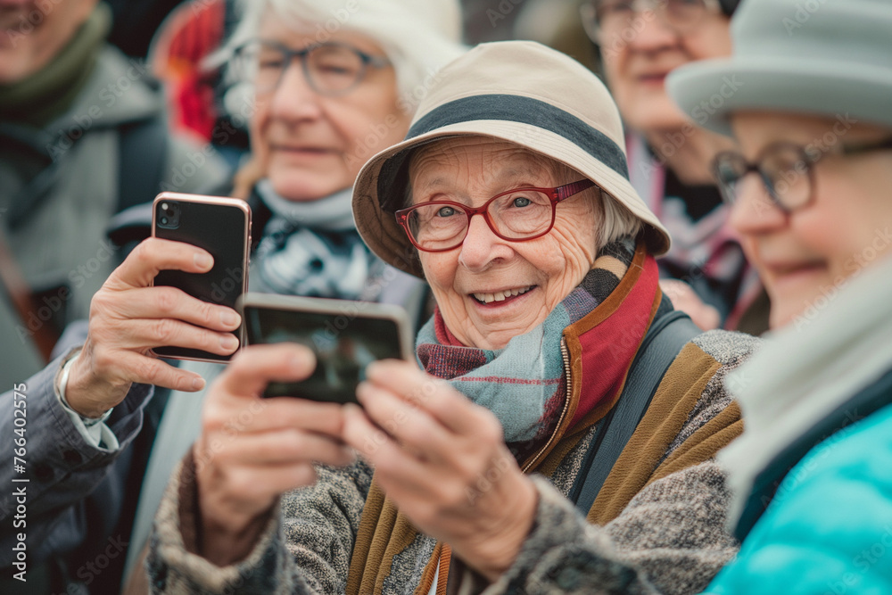 A group of elderly people participating in a photo exhibition with selfies and photographs from travels A group of elderly people participating in a photo exhibition with selfies and photographs from travels