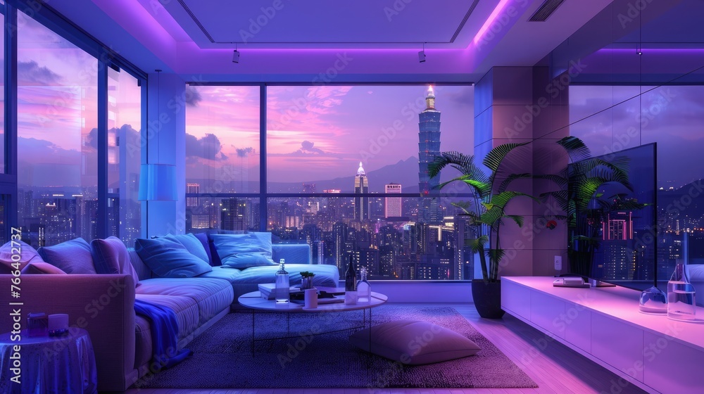 Modern interior design of living room, Taiwan, Taipei city skyline, purple and blue high contras - obrazy, fototapety, plakaty 