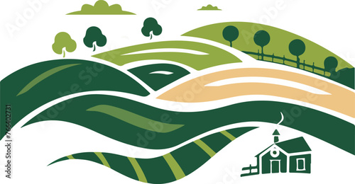Farmhouse concept logo. Farm landscape template. Label for natural farm products