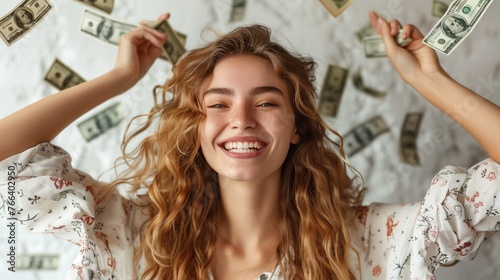 a saleswoman smiling and super happy and spontaneous with her sales, several money bills falling, on a white background