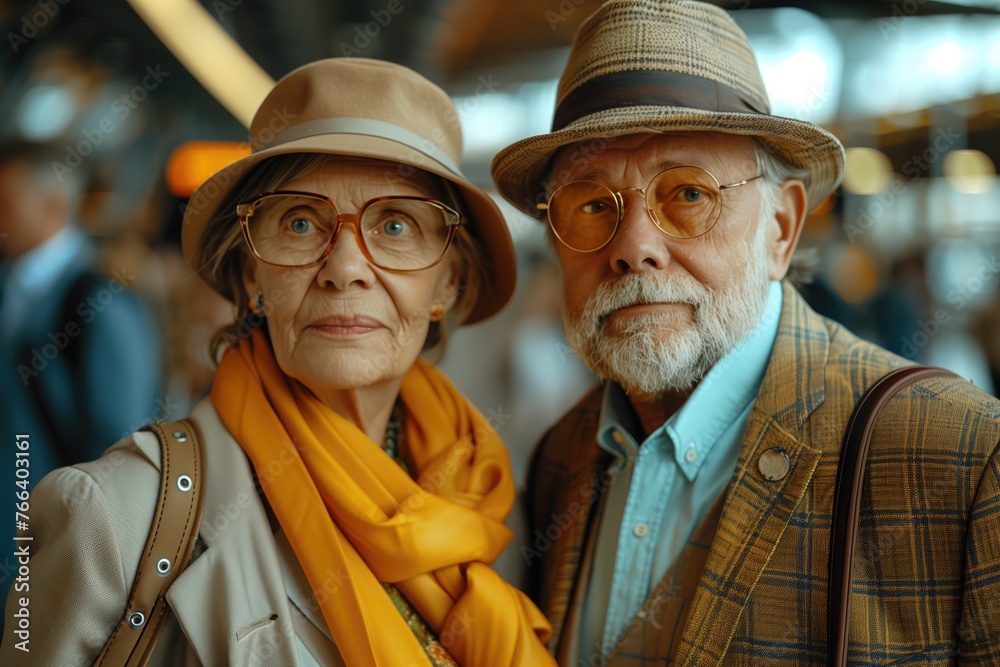 In a busy airport terminal, a aged pair in a stylish suits stands out from the throngs of travelers