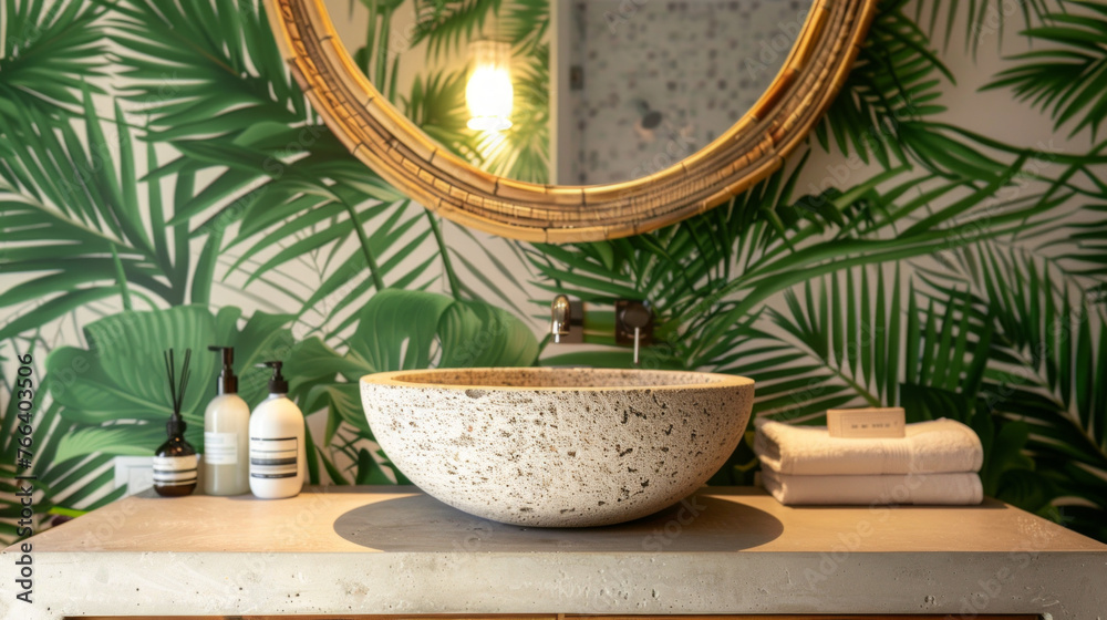 A tropical bathroom with palm leaf wallpaper, bamboo accents, and a stone vessel sink