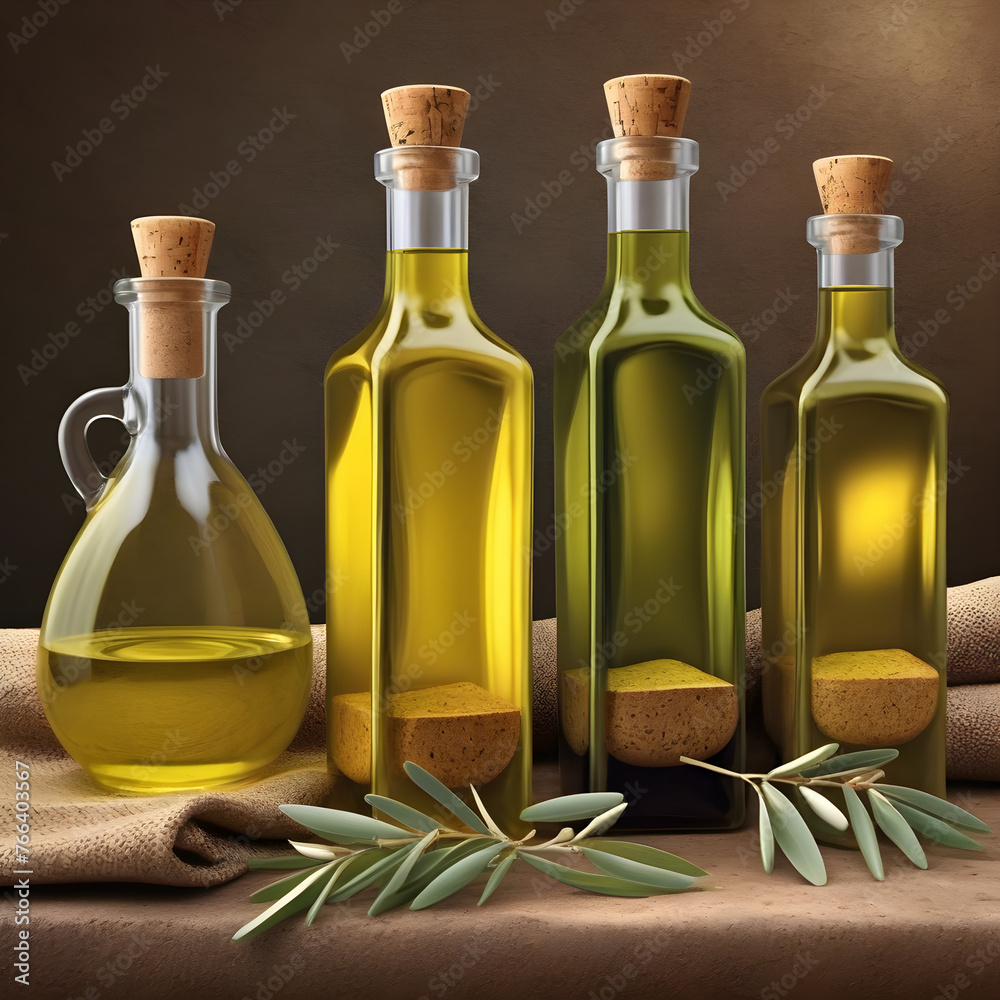 Olive oil bottles for pottery drizzling over salads, transparent glass.
Generative AI.