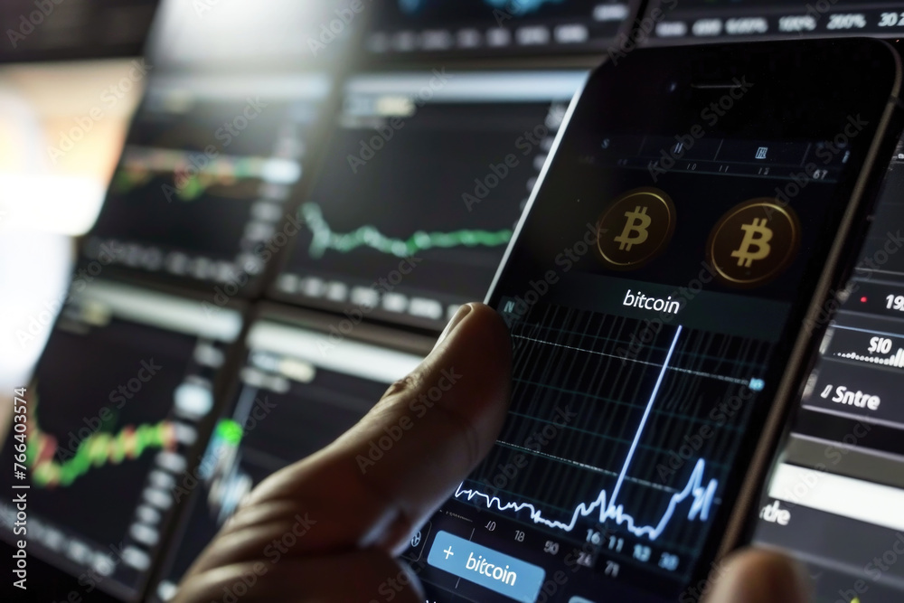 A trader or a financial analyst holding phone and looking at finance market graph. Stock market trading, virtual cryptocurrency and investment concept.