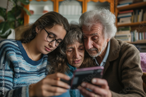 An elderly couple learns to use a smartphone, receiving a video tutorial from their grandchild