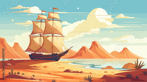 Sailing Ship In A Desert Fantasy Scene .. flat vect