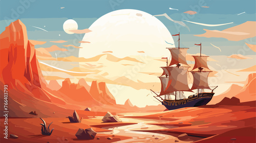 Sailing Ship In A Desert Fantasy Scene .. flat vect