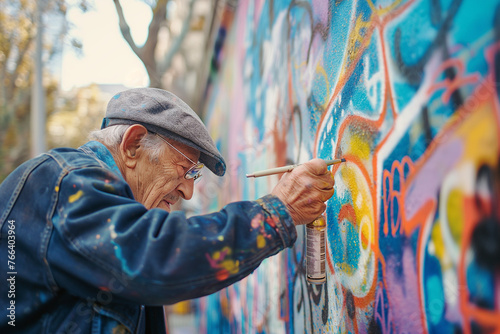 An elderly person learning graffiti, creating street art in their city's park