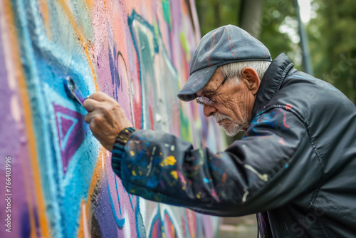 An elderly person learning graffiti, creating street art in their city's park