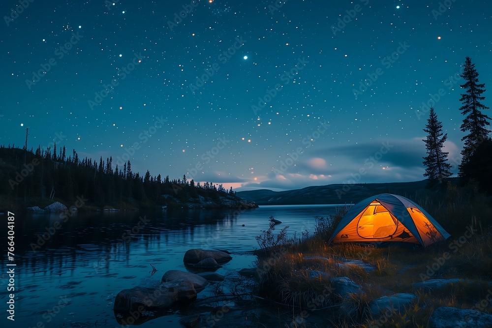 Camping by the Lakeside Under a Star-Filled Sky