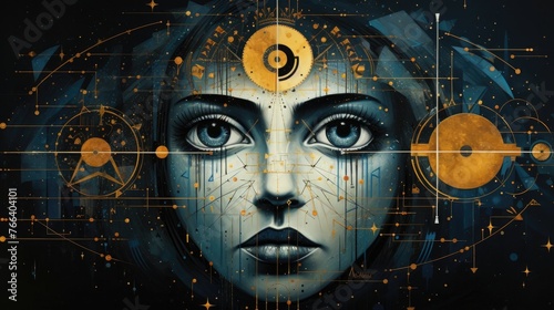 Mystical Celestial Geometric Face in Surreal Digital Artwork