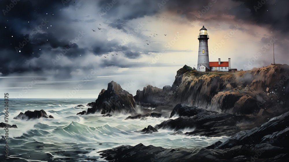Watercolor illustration of Storm clouds gather over a lighthouse standing firm on cliffs above tumultuous sea waves.