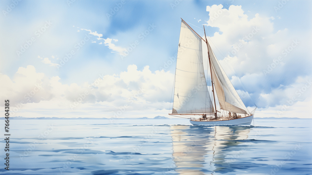 Captured in digital watercolor, a sailboat peacefully drifts across a serene ocean backdrop, under a sky painted with delicate tones.