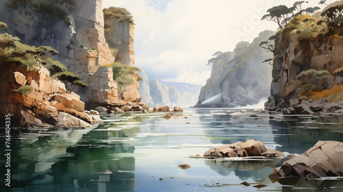 Watercolor illustration of a serene river gorge with towering cliffs and lush greenery reflecting on the tranquil water surface.