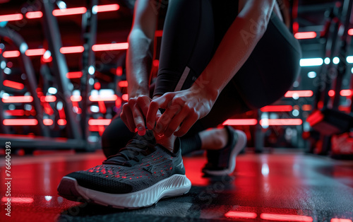 Man tying shoelaces in gym,created with Generative AI tecnology.