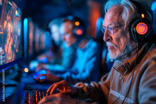 Elderly people participating in esports competitions, demonstrating skill in strategic games