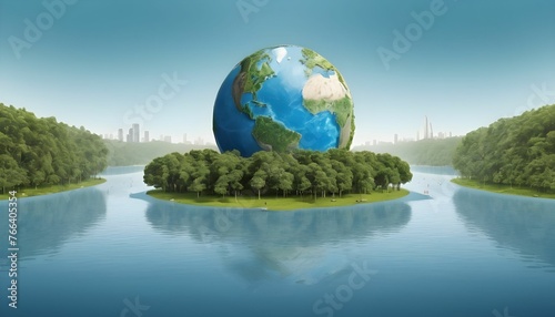 World population day along with world globe covered with trees and water and people of the world around it on in realistic look behind them world famous buildings and sky © Hdesigns