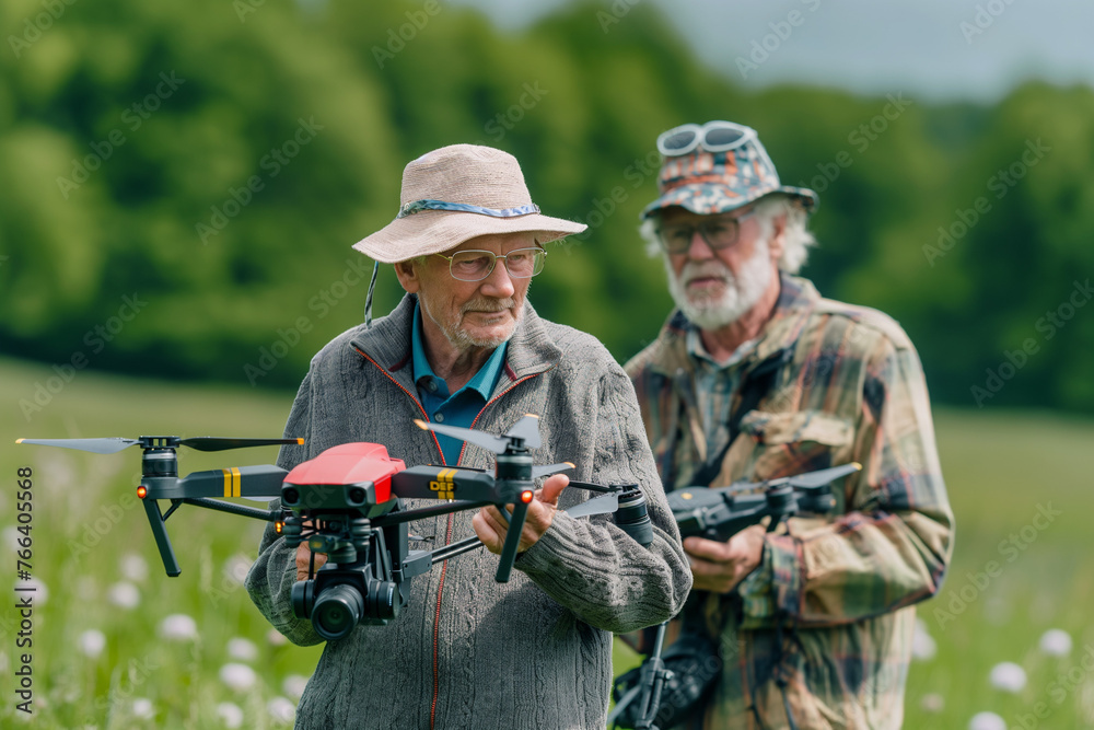 Fototapeta premium Pensioners learning to use drones for filming nature and events