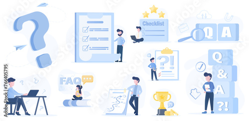 Collection set of FAQs (Frequently Asked Questions), including questions, answers, analysis, surveys, problem solving, support, and symbols. Illustrated in a flat vector design.