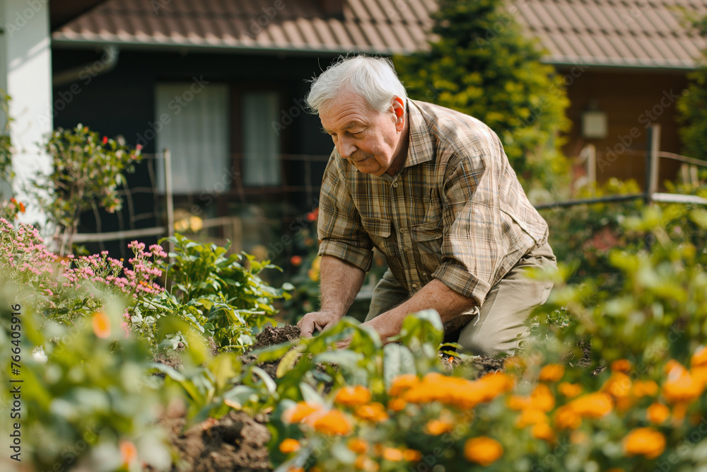 The older generation beautifying their yard, incorporating elements of modern design The older generation beautifying their yard, incorporating elements of modern design