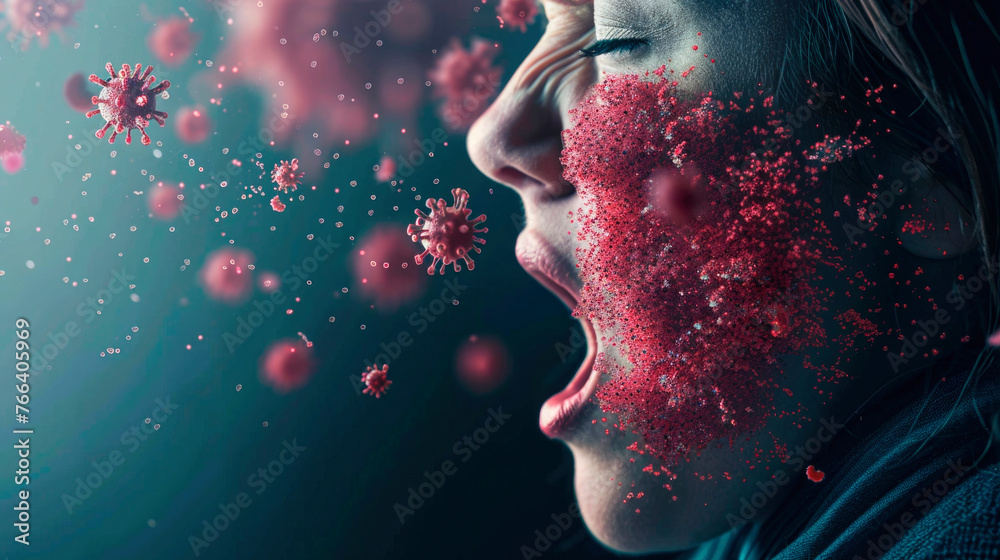 close-up, a sick girl coughs, red virus molecules fly out of her open mouth - obrazy, fototapety, plakaty 
