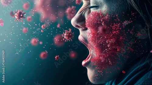 close-up, a sick girl coughs, red virus molecules fly out of her open mouth