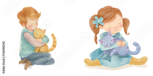 cute kid hugging cat watercolour vector illustration