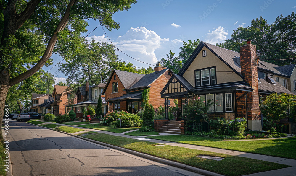 Naklejka premium house in the middle of neighborhood. real estate advertising concept.