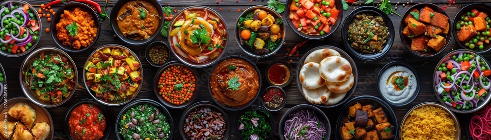 Transform the concept of culinary exploration into a visual feast with an eye-level angle shot featuring a colorful array of traditional dishes from various countries Let the image evoke 