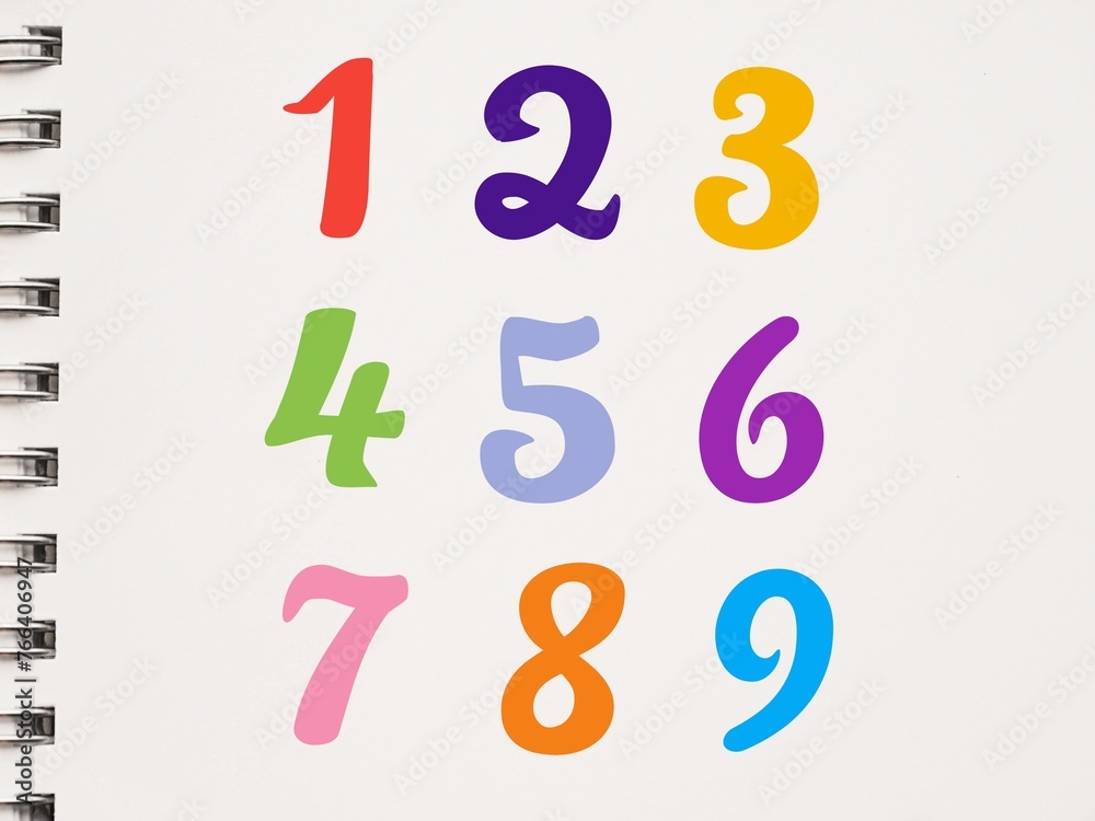One to nine colorful numbers on a notebook One to nine colorful numbers on a notebook