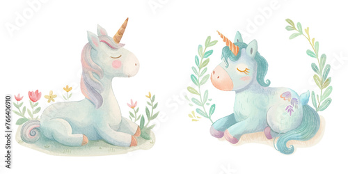 cute unicorn watercolour vectopr illustration © Finkha