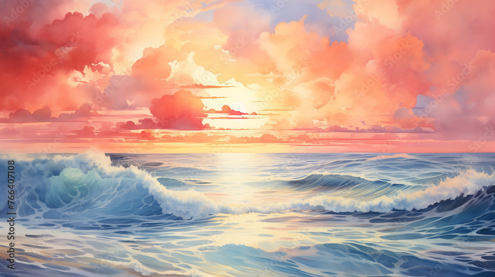 Watercolor illustration of rolling ocean waves under a spectacular sunset sky painted with vivid colors.