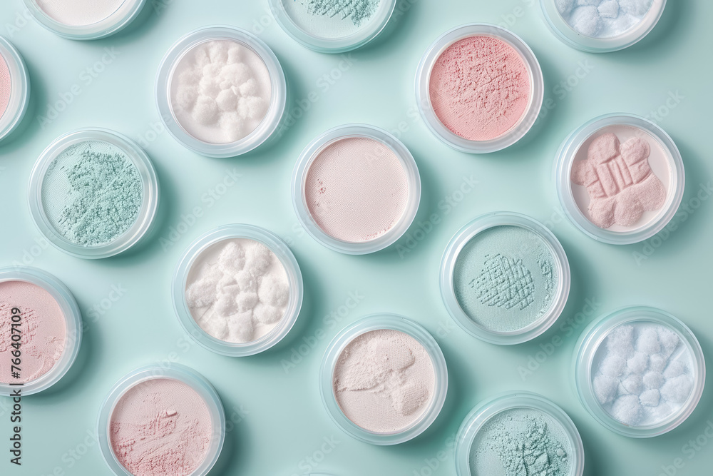 variety of cosmetic face powders and textures on a mint background variety of cosmetic face powders and textures on a mint background