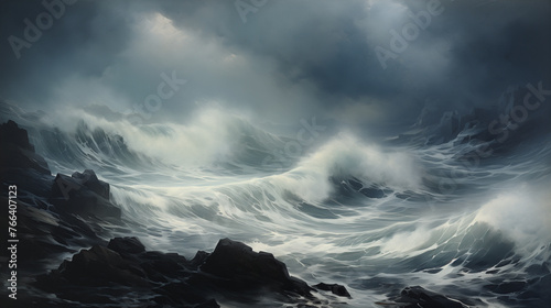 A watercolor masterpiece captures the might of a surging wave amidst a tumultuous sea, under brooding, darkened skies.