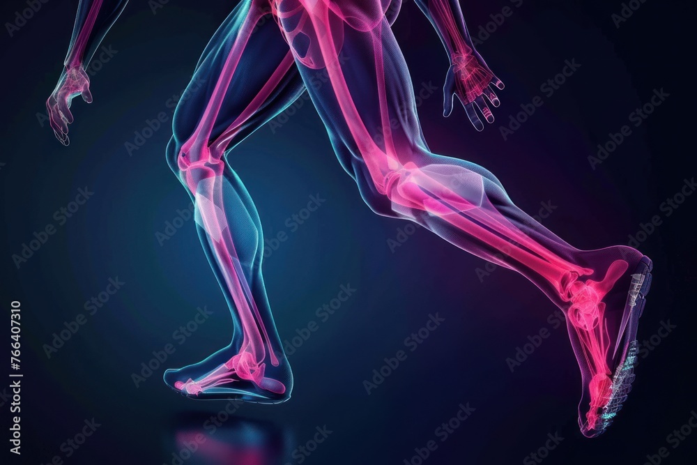 3D illustration of a human's lower body skeletal and muscular systems highlighted while running