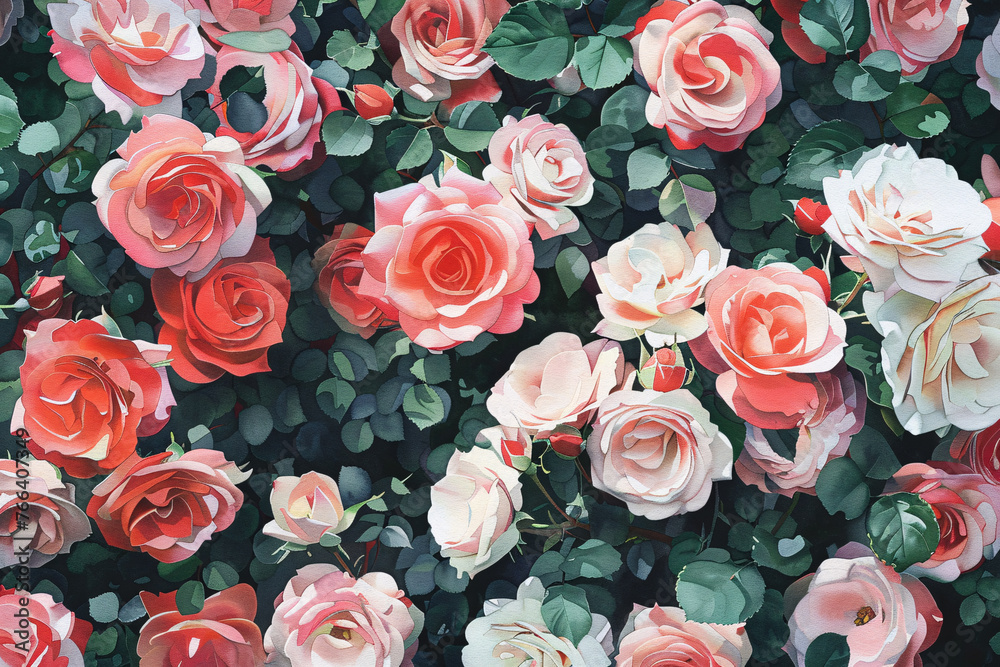 Top view of many pink and white rose flowers