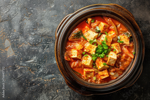 spicy kimchi jjigae traditional korean stew in a ceramic bowl