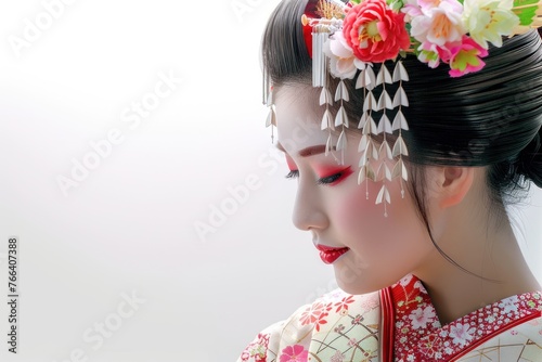A beautiful traditional Japanese geisha with flowers in her hair Isolated on white background