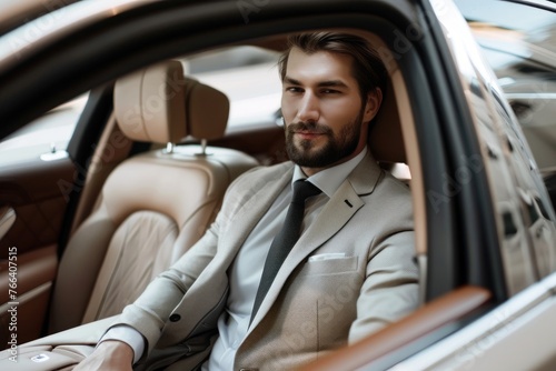 A businessman is sitting on the back seat of a luxury car. © Igor